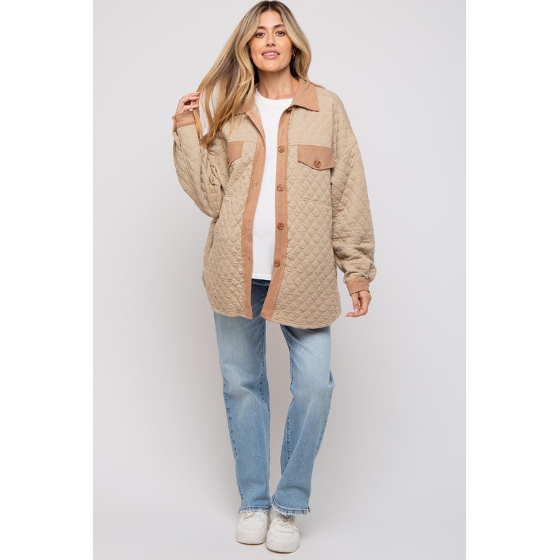 Taupe Colorblock Quilted Maternity Shirt Jacket