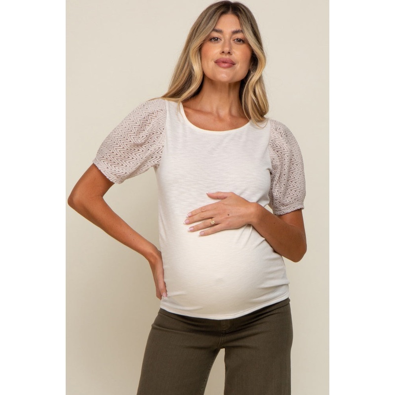 Beige Crochet Short Sleeve Maternity Top