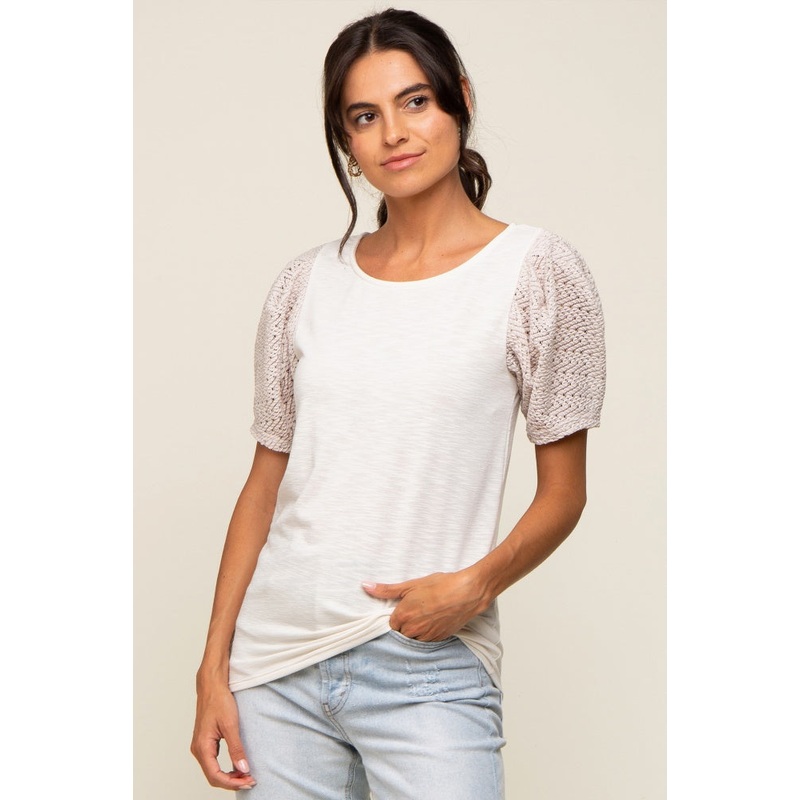 Beige Crochet Short Sleeve Top