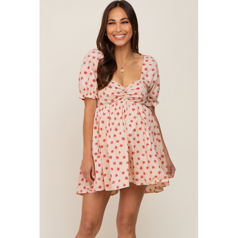 Beige Floral Puff Sleeve Maternity Romper