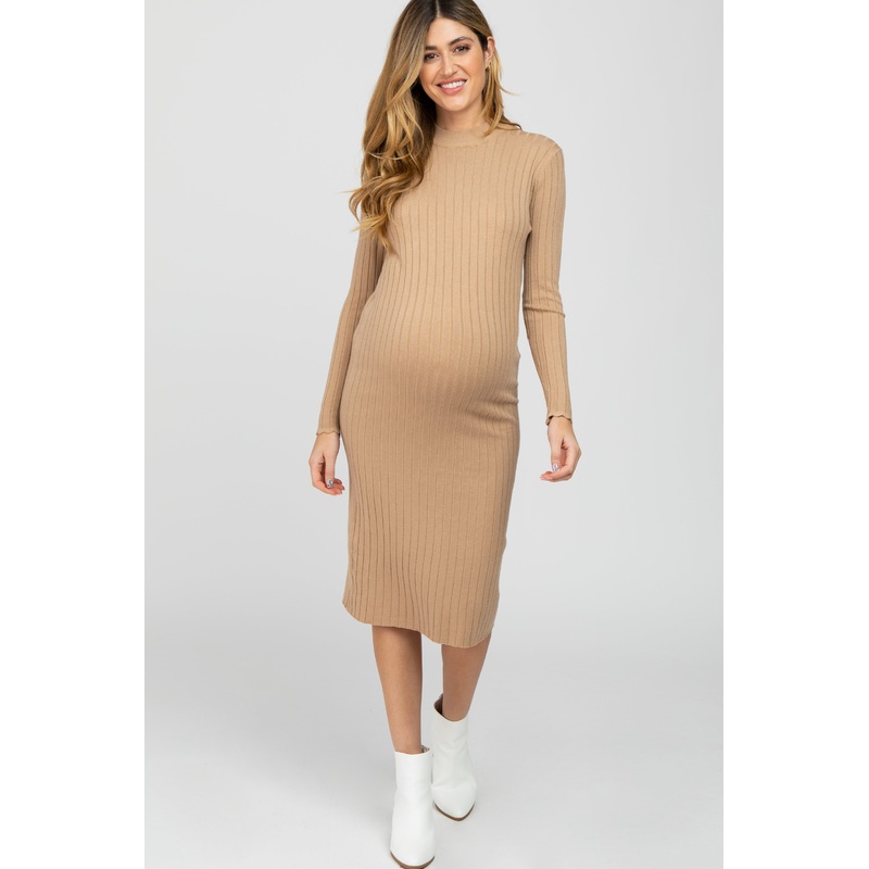 Beige Knit Mock Neck Maternity Midi Dress