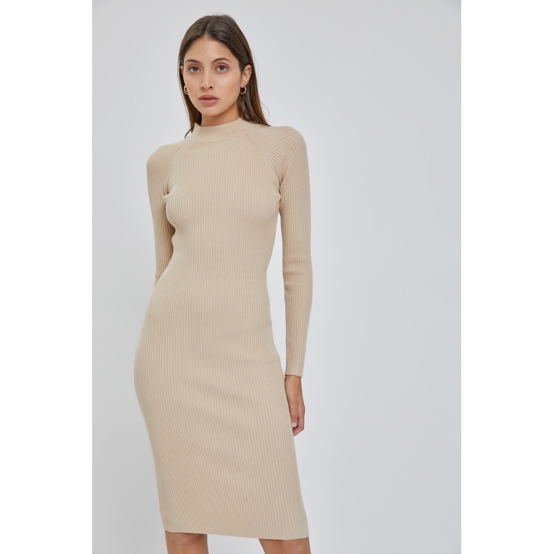 Beige Ribbed Fitted Mock Neck Long Sleeve Dress