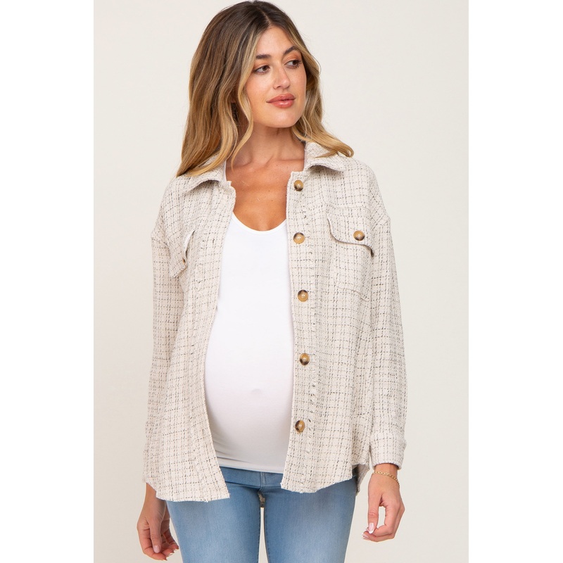 Beige Tweed Front Pocket Maternity Shacket