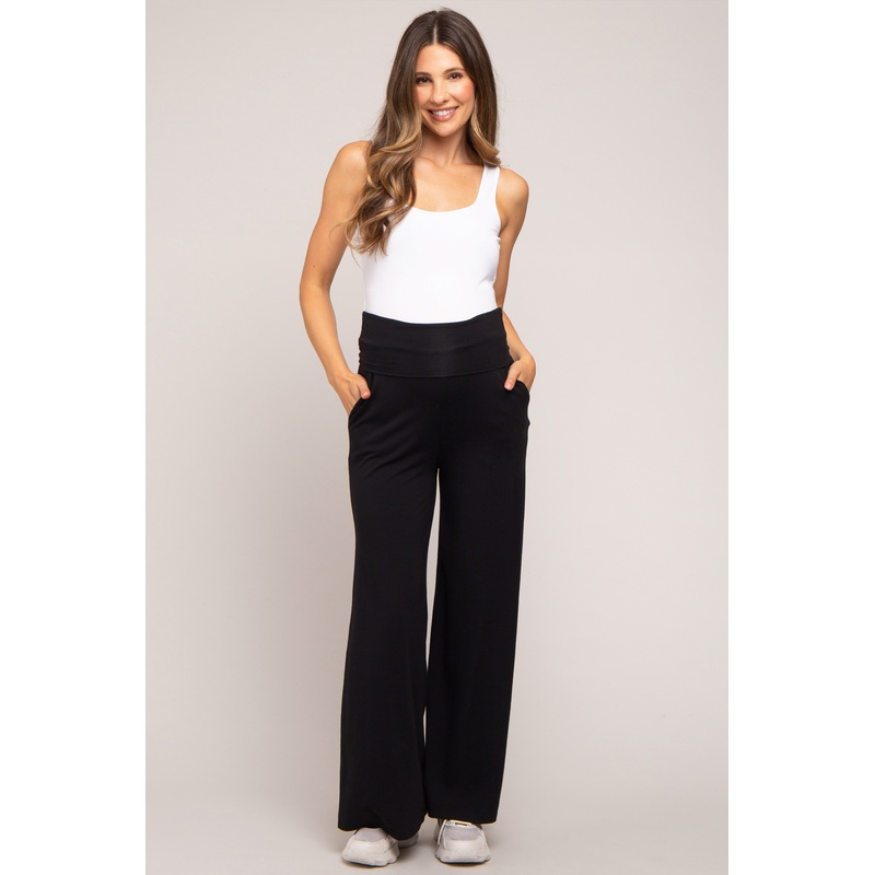 Black Foldover Band Wide Leg Maternity Lounge Pants