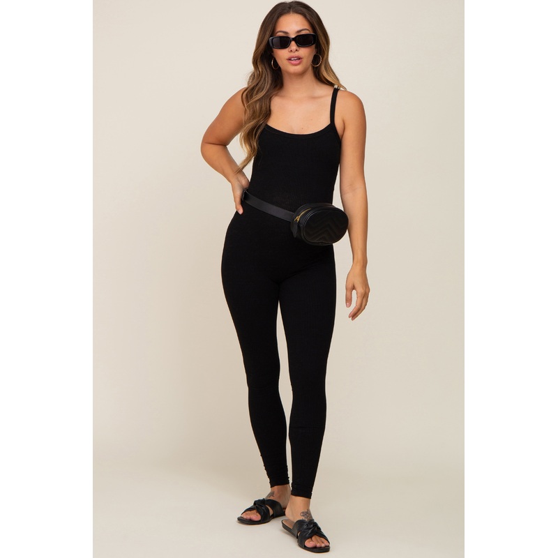 Black Ribbed Sleeveless Maternity Jumpsuit