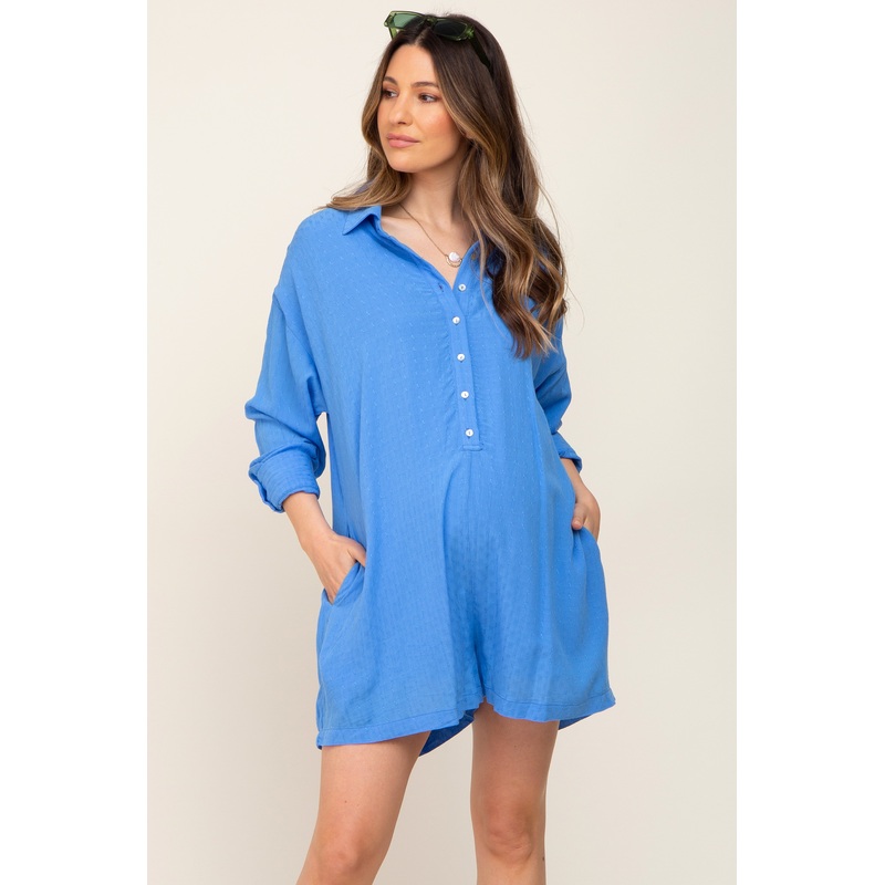 Blue Jacquard Button Down Maternity Romper
