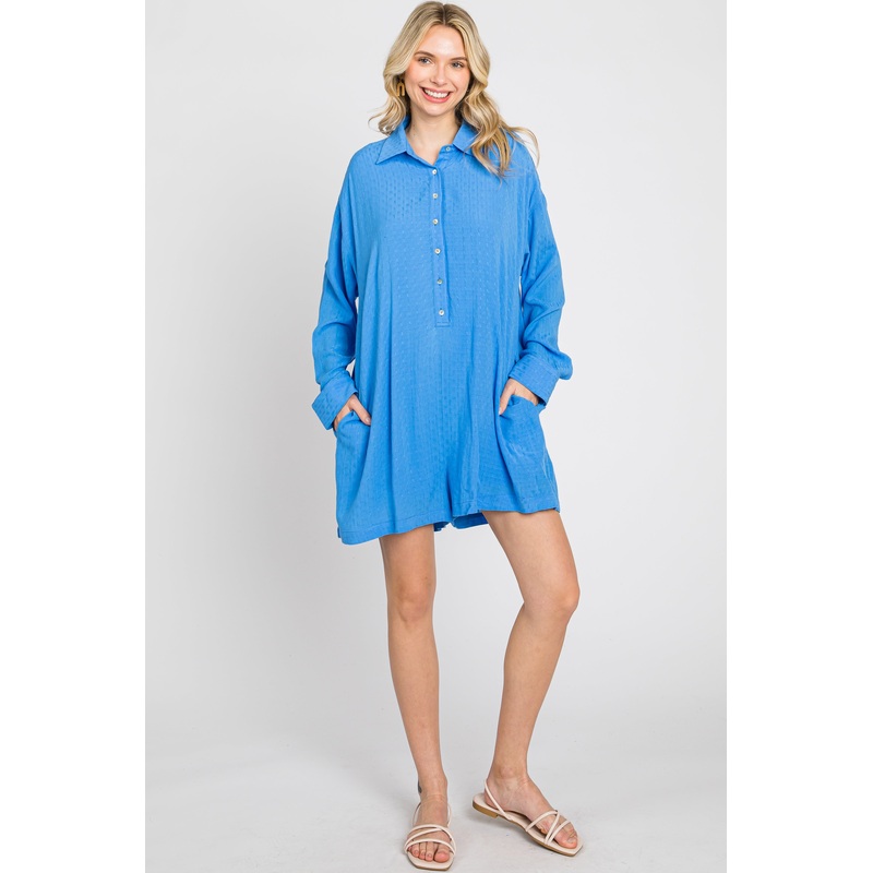 Blue Jacquard Button Down Romper
