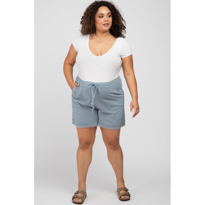 Light Blue Striped Fringe Hem Maternity Plus Shorts