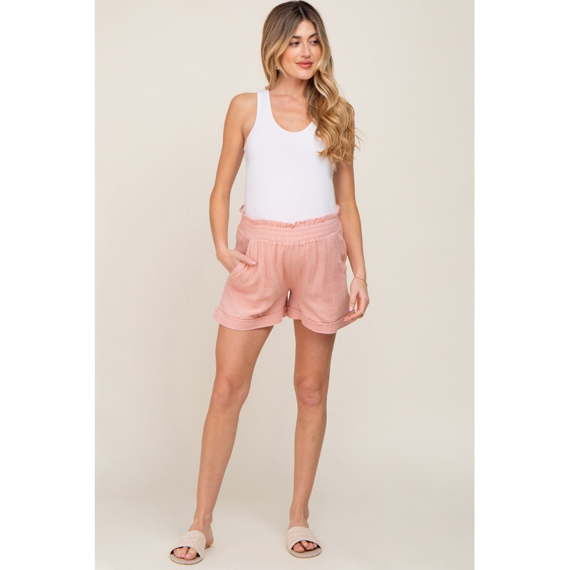 Light Pink Cotton Gauze Maternity Shorts