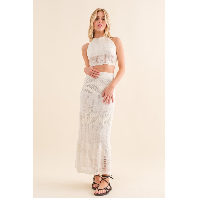 Off White Crochet Top And Skirt Set