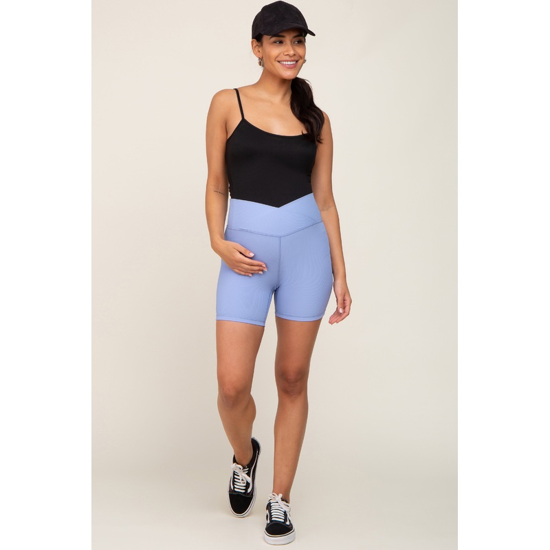 Periwinkle Ribbed Crisscross Maternity Biker Shorts