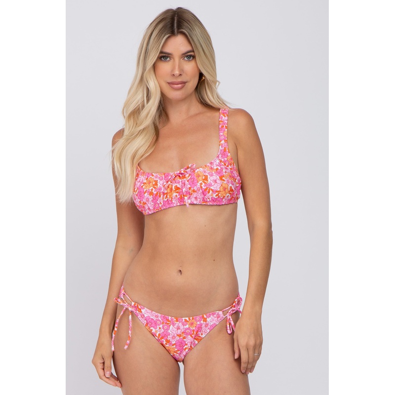 Pink Floral Sweetheart Neck Front Tie Bikini Swim Set
