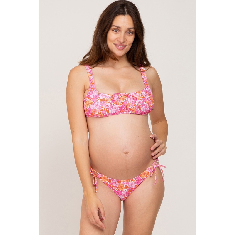 Pink Floral Sweetheart Neck Front Tie Maternity Bikini Swim Set