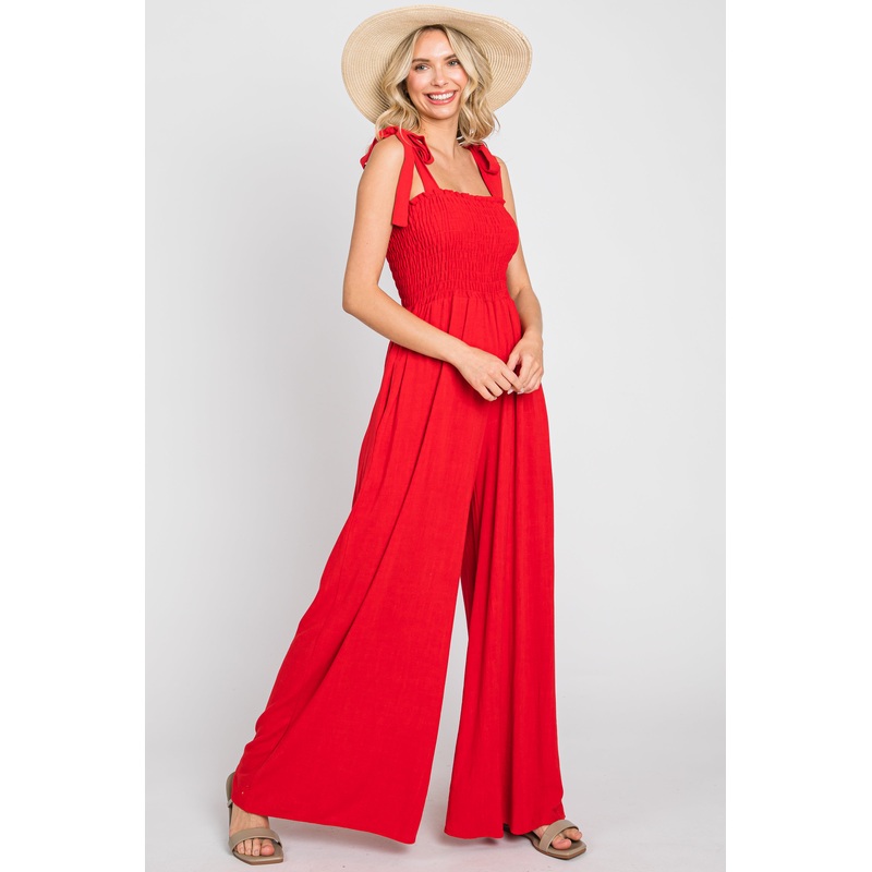 Red Sleeveless Smocked Wide Leg Jumpsuit