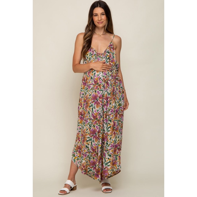 Violet Floral Sleeveless Maternity Jumpsuit