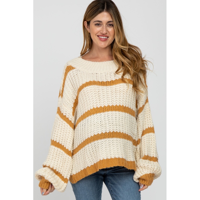 Yellow Cream Striped Chunky Knit Maternity Sweater