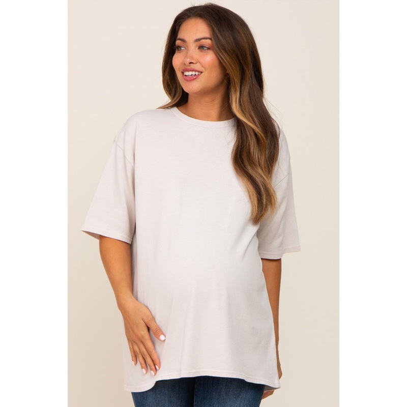 Beige Basic Oversized Maternity T-Shirt