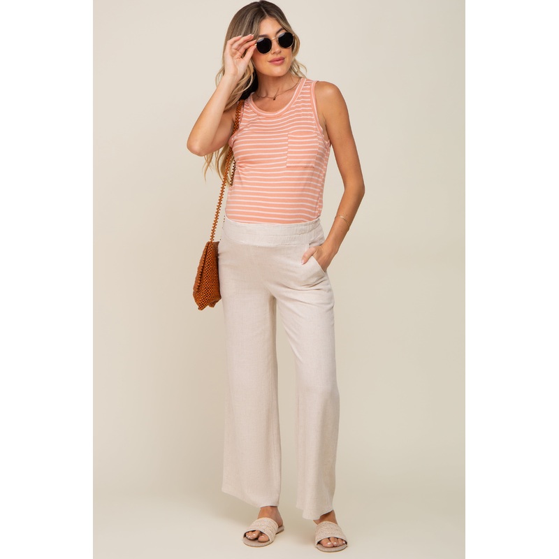 Beige Linen Wide Leg Maternity Pants