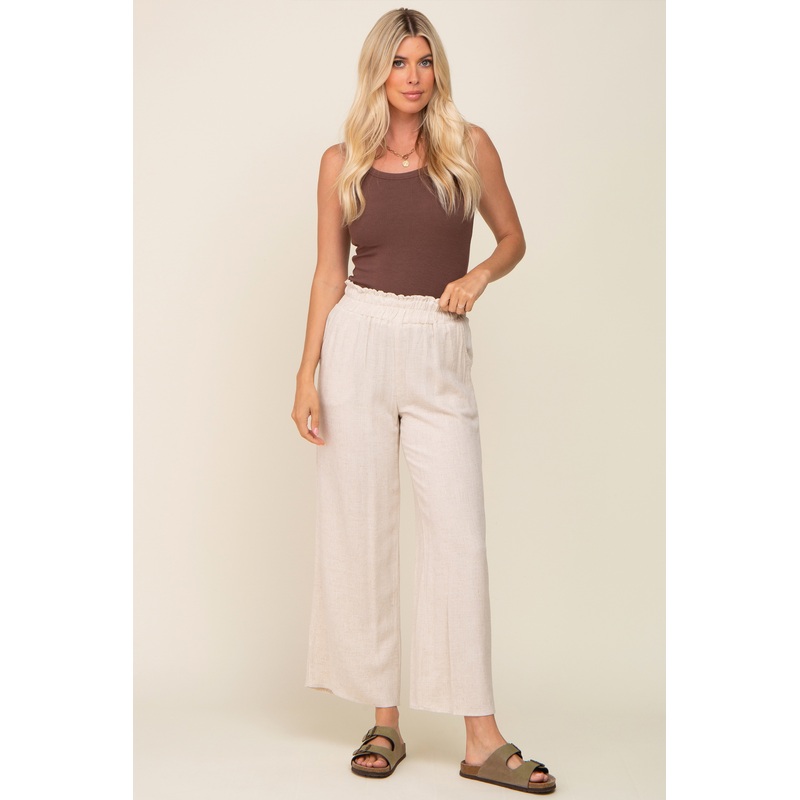 Beige Linen Wide Leg Pants