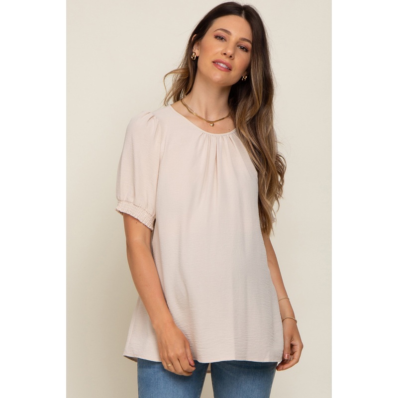 Beige Puff Sleeve Smocked Accent Maternity Top