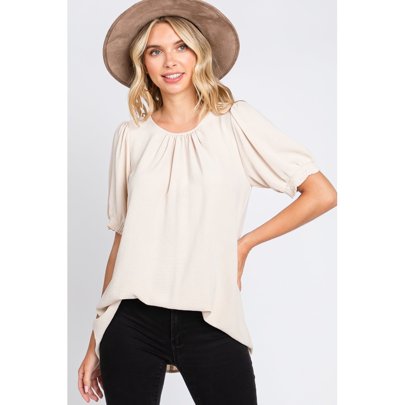 Beige Puff Sleeve Smocked Accent Top