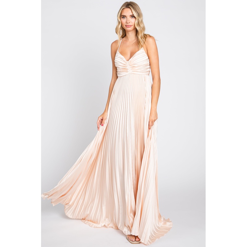 Beige Satin Pleated Cutout Gown
