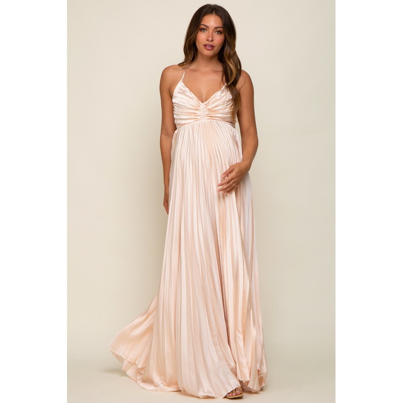 Beige Satin Pleated Cutout Maternity Gown