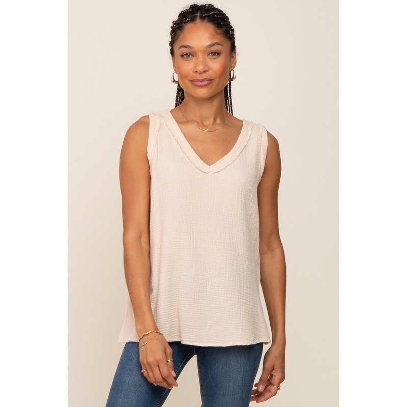 Beige Sleeveless Textured Top