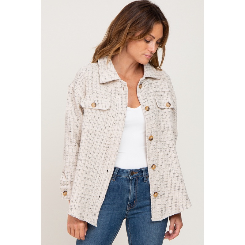 Beige Tweed Front Pocket Shacket