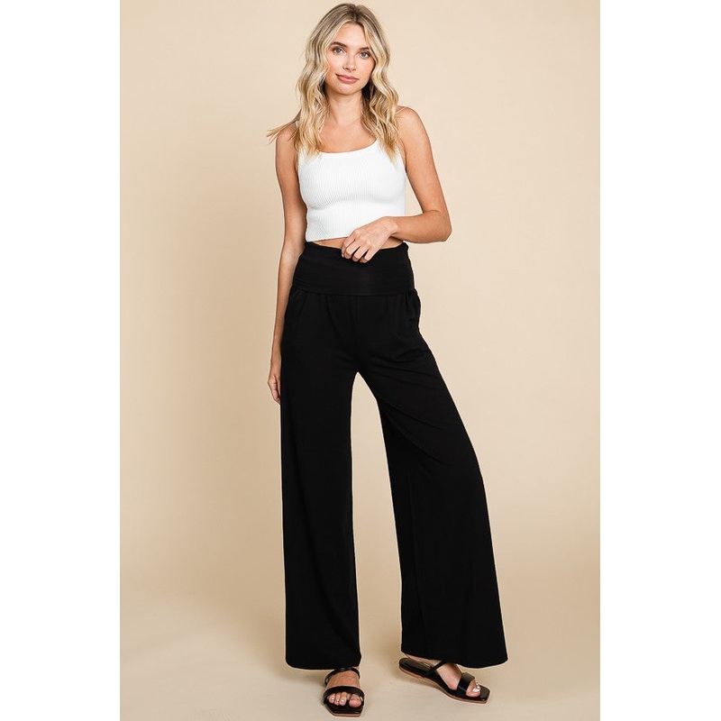 Black Foldover Band Wide Leg Lounge Pants