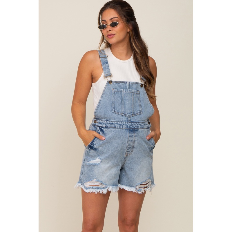 Blue Distressed Maternity Short Overalls