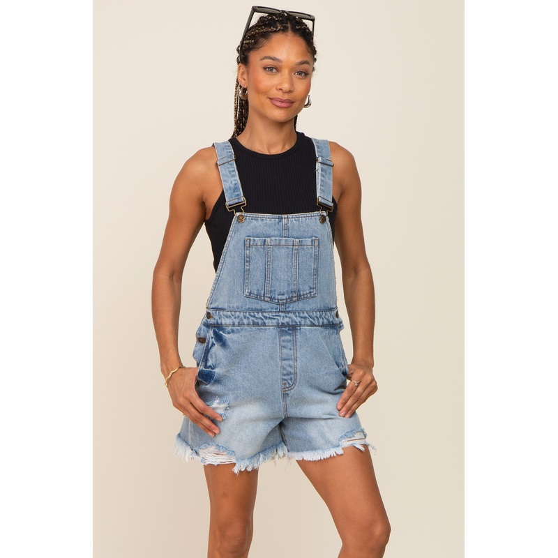 Blue Distressed Short Overalls