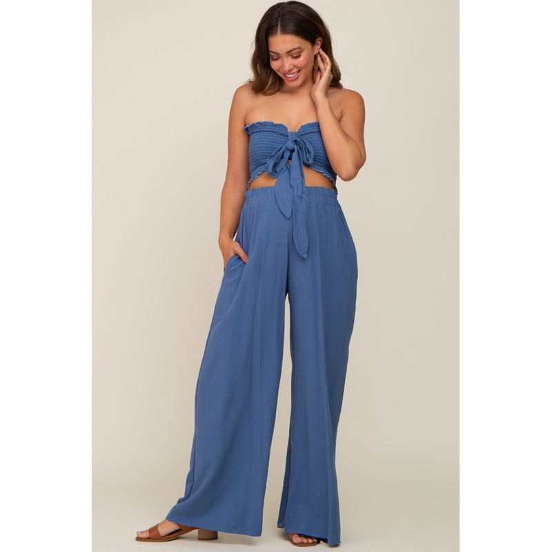 Blue Front Tie Crop Top and Pant Maternity Set