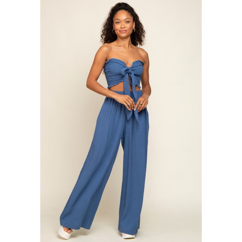 Blue Front Tie Crop Top and Pant Set
