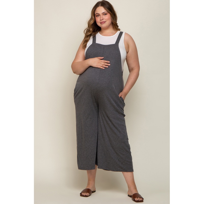 Charcoal Ribbed Maternity Plus Wide Leg Jumpsuit