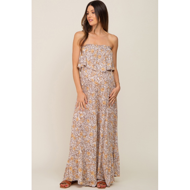 Taupe Paisley Ruffle Strapless Maternity Jumpsuit
