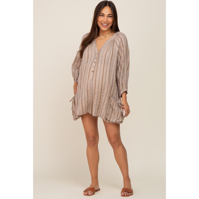 Taupe Striped Front Button Maternity Romper