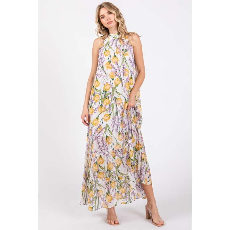 White Floral Halter Maxi Dress