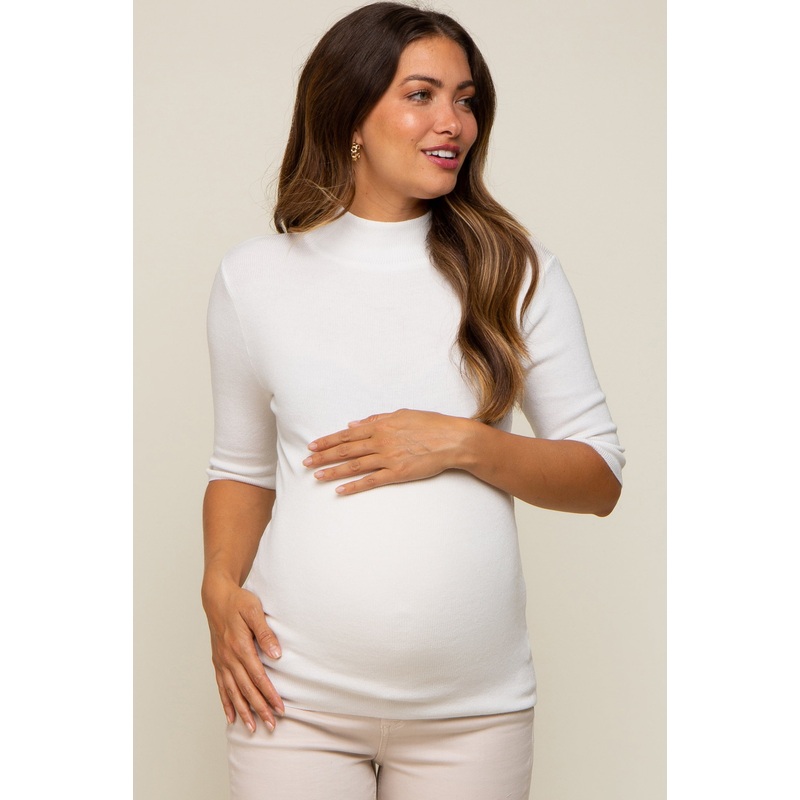 White Mock Neck Short Sleeve Knit Maternity Top