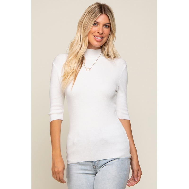 White Mock Neck Short Sleeve Knit Top