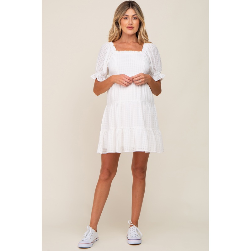 White Plaid Square Ruffle Neck Tiered Maternity Dress