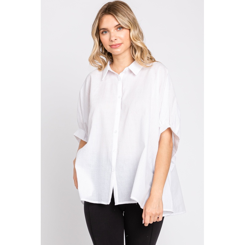White Striped Button-Down Dolman Short Sleeve Top