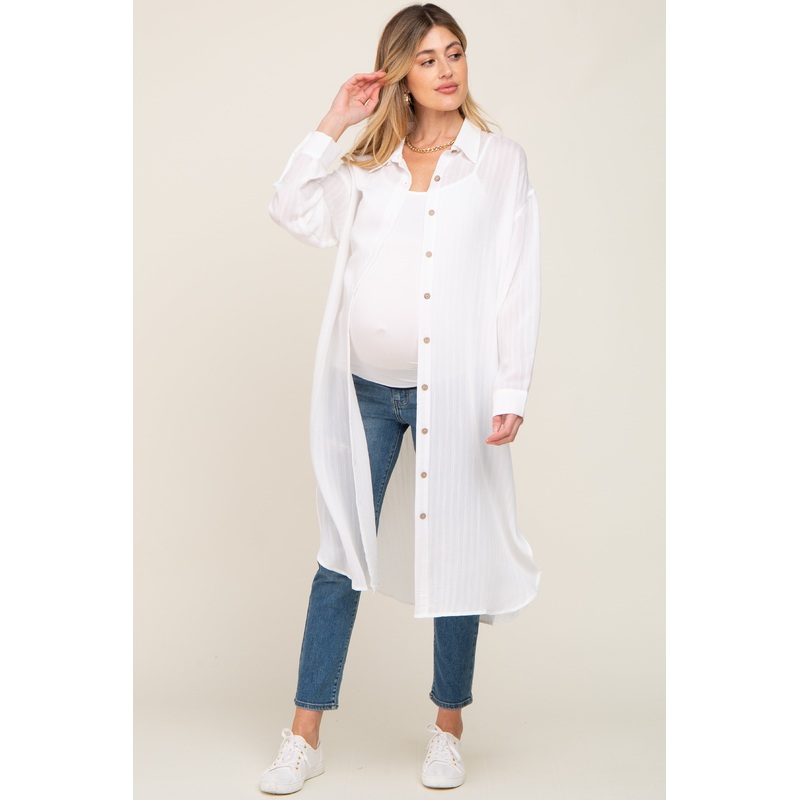 White Striped Lightweight Button Down Maternity Top