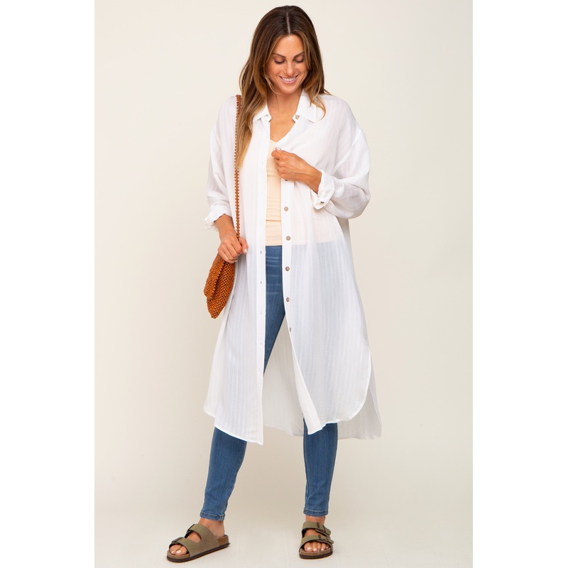 White Striped Lightweight Button Down Top
