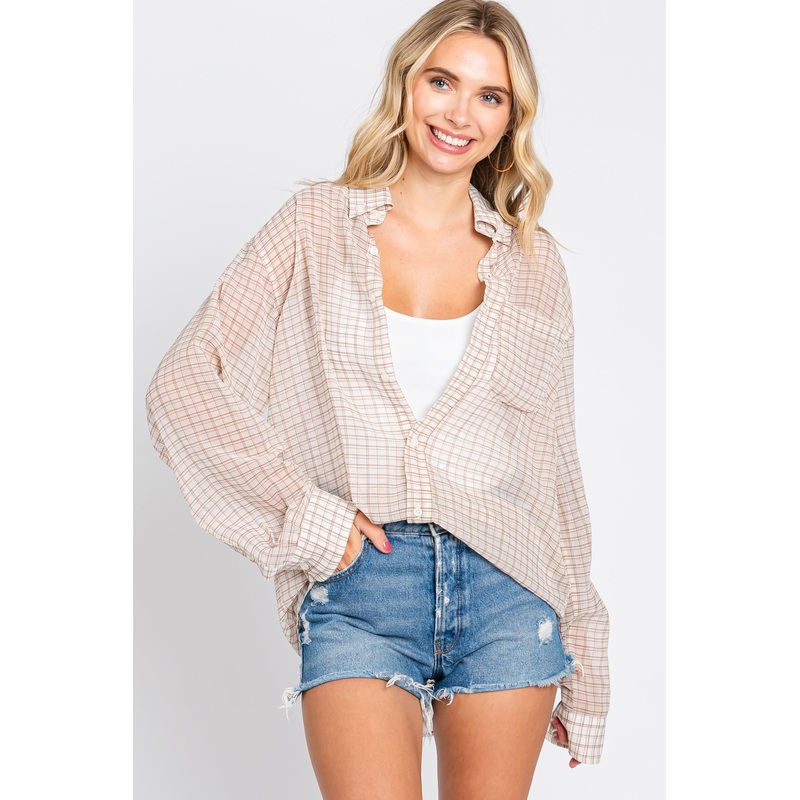 Beige Grid Print Semi Sheer Button Up Top
