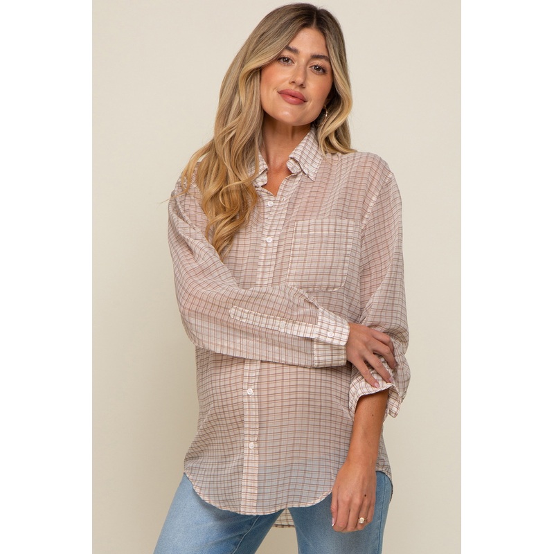 Beige Grid Print Semi Sheer Maternity Button Up Top