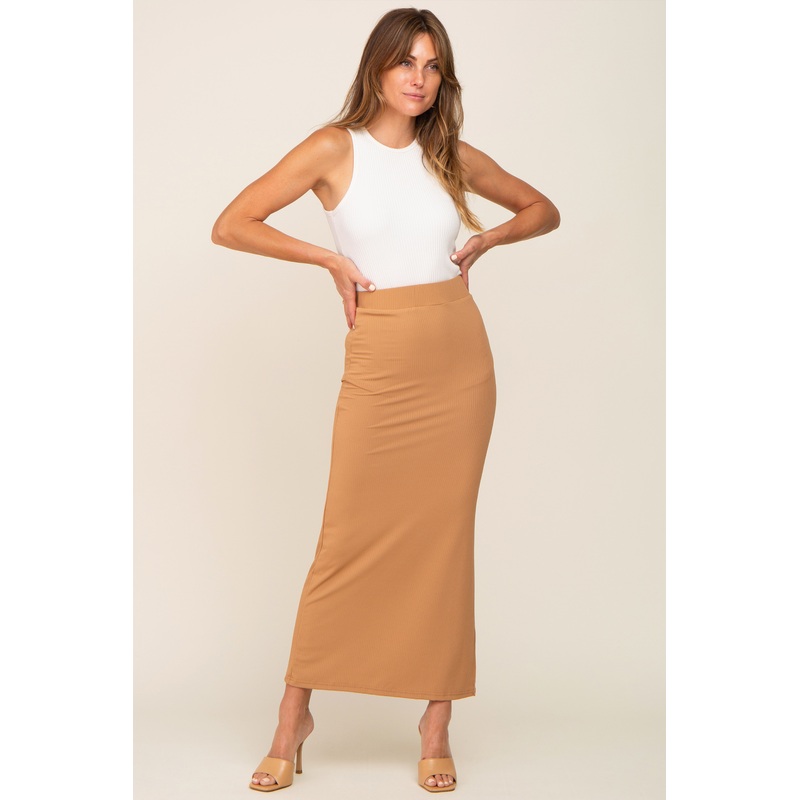 Beige Ribbed Side Slit Midi Skirt
