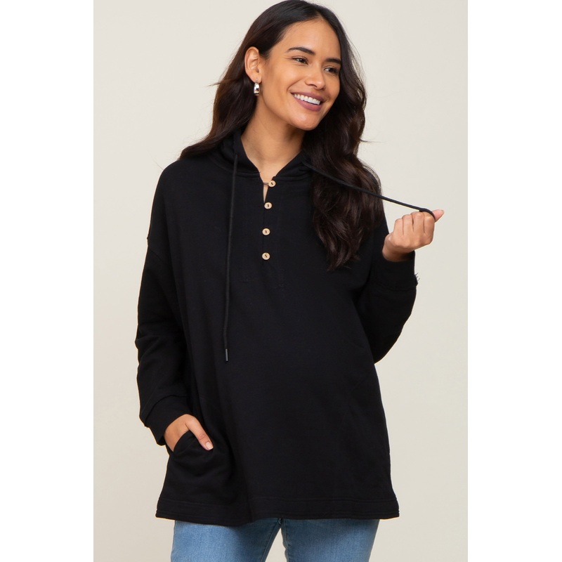 Black Button Front Hooded Maternity Top