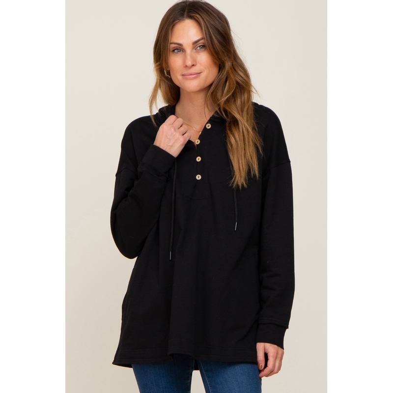Black Button Front Hooded Top