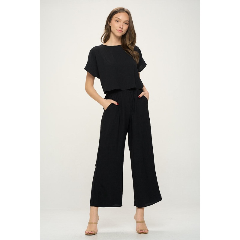 Black Short Sleeves Scoop Back Woven Jumpsuit